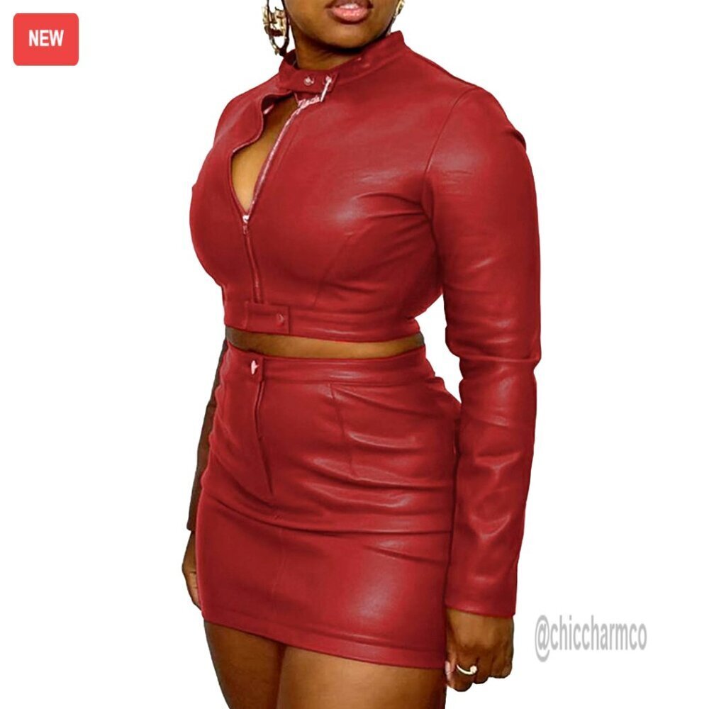 Faux Leather Two Piece Set Zipper Crop Top Bodycon Skirt Clubwear Y2K